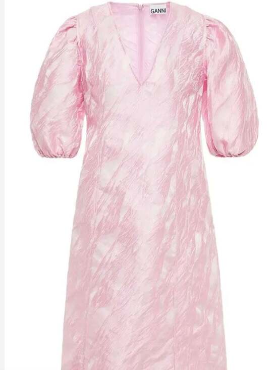 Ganni Dresses & Skirts - Ganni Pink Metallic Jacquard Puff Sleeve V-Neck Midi Dress